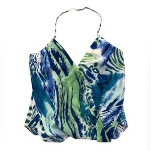 Green & Blue Printed Halter Top- Size Medium